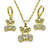 Oro Laminado Earring and Pendant Adult Set, Gold Filled Style Teddy Bear Design, with White and Black Micro Pave, Polished, Golden Finish, 10.196.0036.4