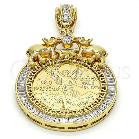 Oro Laminado Religious Pendant, Gold Filled Style Greek Key and Centenario Coin Design, with White and Ruby Cubic Zirconia, Polished, Golden Finish, 05.26.0043