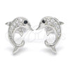 Sterling Silver Stud Earring, Dolphin Design, with Black and White Cubic Zirconia, Polished, Rhodium Finish, 02.336.0082