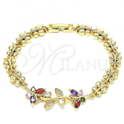 Oro Laminado Fancy Bracelet, Gold Filled Style Butterfly and Leaf Design, with Multicolor Cubic Zirconia, Polished, Golden Finish, 03.210.0134.2.07