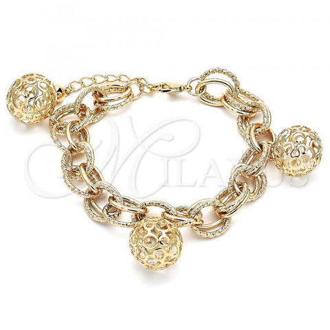 Oro Laminado Charm Bracelet, Gold Filled Style Ball Design, with White Cubic Zirconia, Polished, Golden Finish, 03.331.0182.08