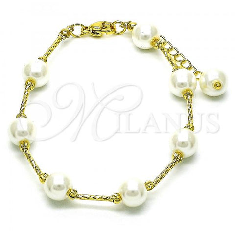 Oro Laminado Fancy Bracelet, Gold Filled Style Ball Design, with Ivory Pearl, Diamond Cutting Finish, Golden Finish, 03.405.0013.07