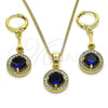 Oro Laminado Earring and Pendant Adult Set, Gold Filled Style with Sapphire Blue Cubic Zirconia and White Micro Pave, Polished, Golden Finish, 10.387.0008.1
