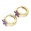 Oro Laminado Huggie Hoop, Gold Filled Style Flower Design, Purple Enamel Finish, Golden Finish, 02.213.0180.1.12