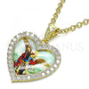 Oro Laminado Religious Pendant, Gold Filled Style Angel and Heart Design, with White Cubic Zirconia, Polished, Golden Finish, 05.253.0124