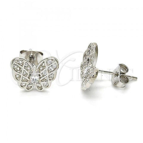 Sterling Silver Stud Earring, Butterfly Design, with White Cubic Zirconia and White Micro Pave, Polished, Rhodium Finish, 02.285.0034
