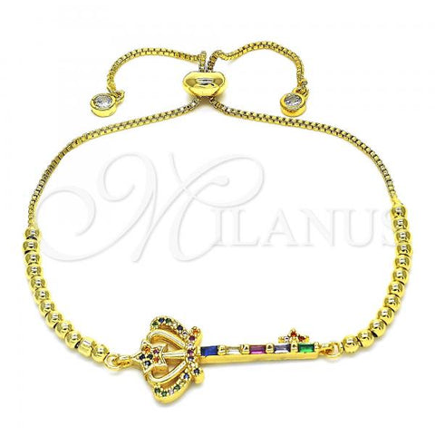 Oro Laminado Adjustable Bolo Bracelet, Gold Filled Style key and Star Design, with Multicolor Cubic Zirconia and Multicolor Micro Pave, Polished, Golden Finish, 03.362.0004.11