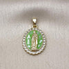 Oro Laminado Religious Pendant, Gold Filled Style Guadalupe Design, with White Cubic Zirconia, Green Enamel Finish, Golden Finish, 05.284.0016.3