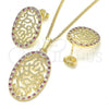Oro Laminado Earring and Pendant Adult Set, Gold Filled Style with Ruby and White Cubic Zirconia, Polished, Golden Finish, 10.233.0038.3