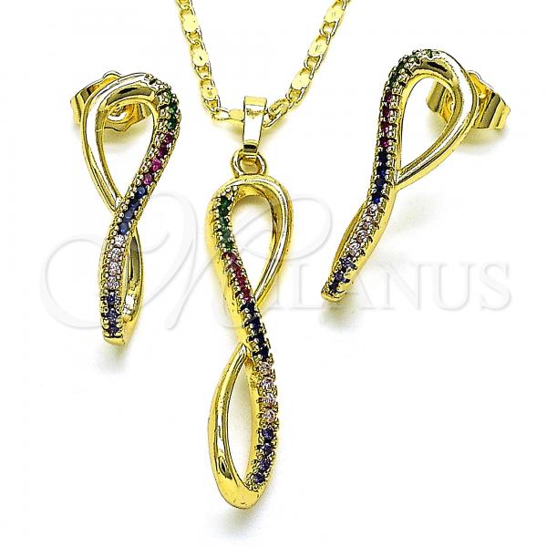 Oro Laminado Earring and Pendant Adult Set, Gold Filled Style Infinite Design, with Multicolor Micro Pave, Polished, Golden Finish, 10.196.0050