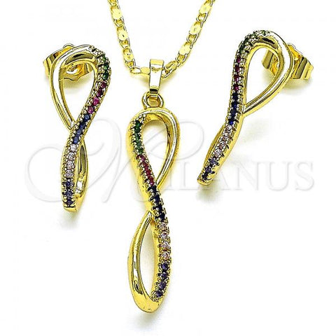 Oro Laminado Earring and Pendant Adult Set, Gold Filled Style Infinite Design, with Multicolor Micro Pave, Polished, Golden Finish, 10.196.0050