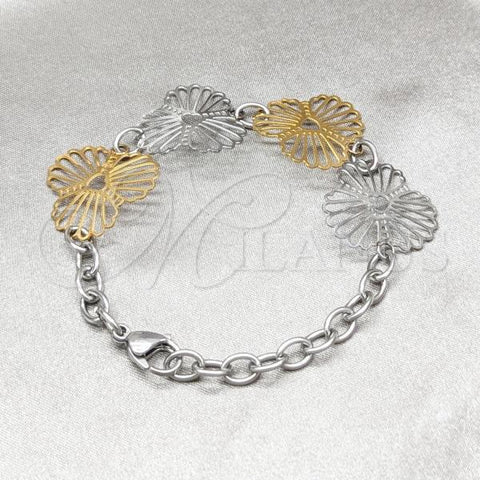 Stainless Steel Fancy Bracelet, Flower and Heart Design, Polished, Two Tone, 03.63.22990.08