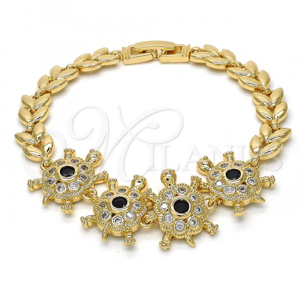 Oro Laminado Fancy Bracelet, Gold Filled Style Turtle and Leaf Design, with Black and White Cubic Zirconia, Polished, Golden Finish, 03.266.0026.07