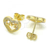 Oro Laminado Stud Earring, Gold Filled Style Heart and Love Design, with White Micro Pave, Polished, Golden Finish, 02.156.0389