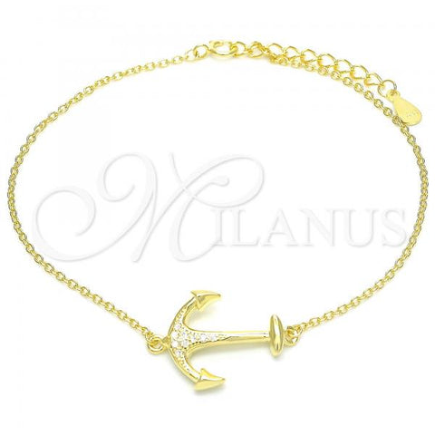 Sterling Silver Fancy Bracelet, Anchor Design, with White Micro Pave, Polished, Golden Finish, 03.336.0062.2.08