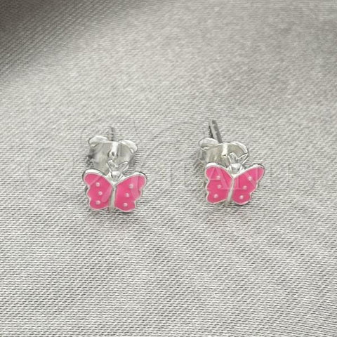 Sterling Silver Stud Earring, Butterfly Design, Pink Enamel Finish, Silver Finish, 02.406.0025.01