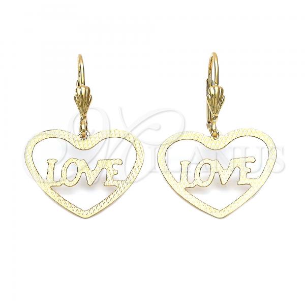 Oro Laminado Dangle Earring, Gold Filled Style Heart and Love Design, Diamond Cutting Finish, Golden Finish, 5.110.014