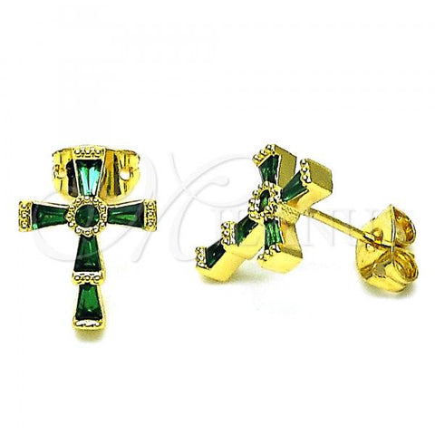 Oro Laminado Stud Earring, Gold Filled Style Cross Design, with Green Cubic Zirconia, Polished, Golden Finish, 02.341.0137