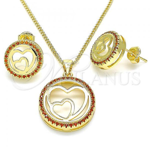 Oro Laminado Earring and Pendant Adult Set, Gold Filled Style Heart Design, with Garnet Micro Pave, Polished, Golden Finish, 10.156.0273.2