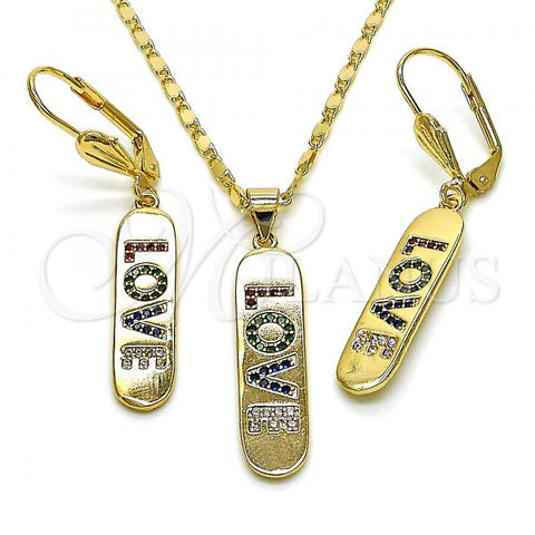 Oro Laminado Earring and Pendant Adult Set, Gold Filled Style Nameplate and Love Design, with Multicolor Micro Pave, Polished, Golden Finish, 10.196.0072