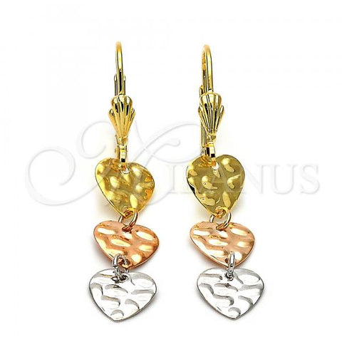Oro Laminado Long Earring, Gold Filled Style Heart Design, Diamond Cutting Finish, Tricolor, 02.63.2145