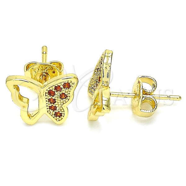 Oro Laminado Stud Earring, Gold Filled Style Butterfly Design, with Garnet Micro Pave, Polished, Golden Finish, 02.156.0466.2