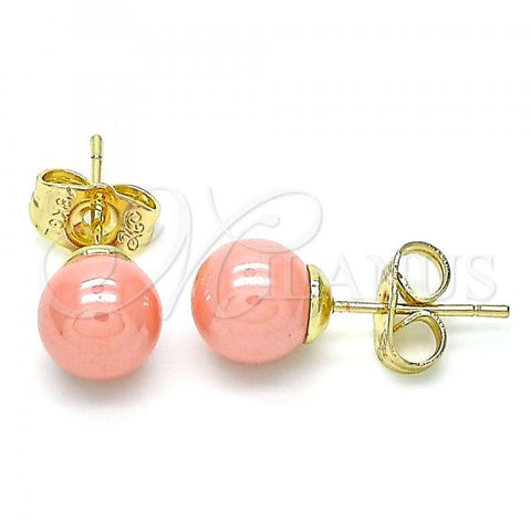 Oro Laminado Stud Earring, Gold Filled Style Ball Design, with Pink Pearl, Polished, Golden Finish, 02.63.2124.1
