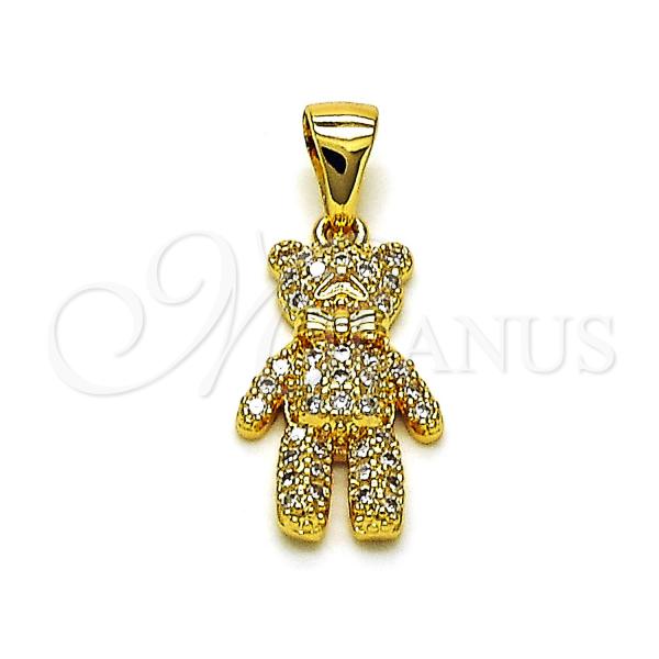Oro Laminado Fancy Pendant, Gold Filled Style Teddy Bear Design, with White Micro Pave, Polished, Golden Finish, 05.342.0190