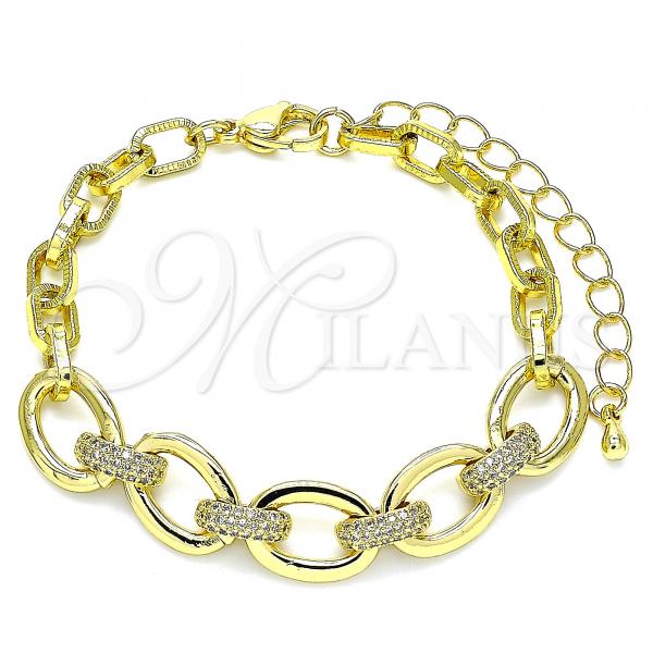 Oro Laminado Fancy Bracelet, Gold Filled Style Paperclip Design, with White Micro Pave, Polished, Golden Finish, 03.341.0116.07