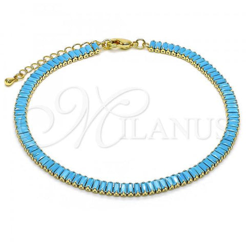 Oro Laminado Fancy Anklet, Gold Filled Style Baguette Design, with Turquoise Cubic Zirconia, Polished, Golden Finish, 03.130.0008.6.10