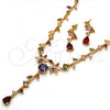 Oro Laminado Necklace and Earring, Gold Filled Style Flower and Leaf Design, with Multicolor Cubic Zirconia, Polished, Golden Finish, 06.205.0002.1