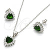 Sterling Silver Earring and Pendant Adult Set, Heart Design, with Green and White Cubic Zirconia, Polished, Rhodium Finish, 10.175.0058.3