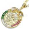 Oro Laminado Religious Pendant, Gold Filled Style Centenario Coin and Scorpion Design, with Multicolor Crystal, Polished, Tricolor, 05.351.0151.1