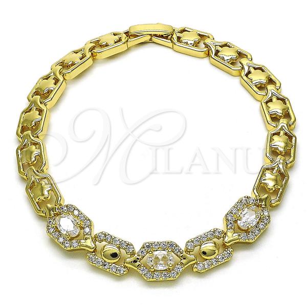 Oro Laminado Fancy Bracelet, Gold Filled Style Flower Design, with White Cubic Zirconia and White Micro Pave, Polished, Golden Finish, 03.283.0335.07