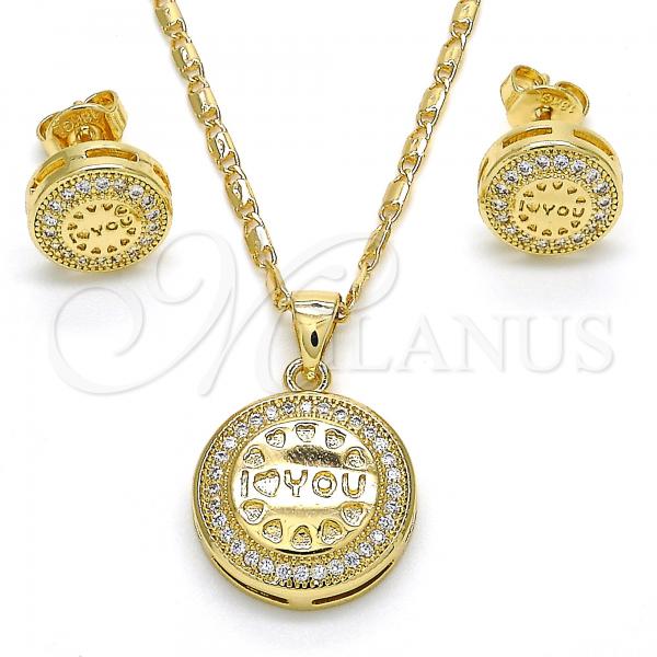 Oro Laminado Earring and Pendant Adult Set, Gold Filled Style Heart Design, with White Micro Pave, Polished, Golden Finish, 10.156.0155