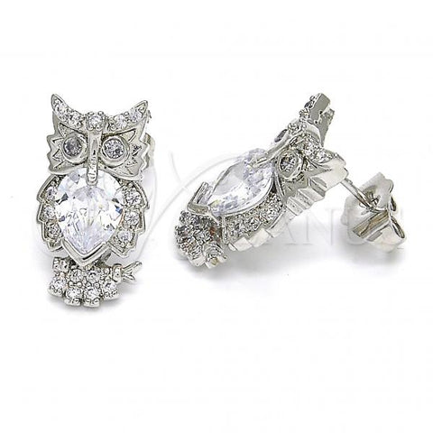 Rhodium Plated Stud Earring, Owl Design, with White Cubic Zirconia, Polished, Rhodium Finish, 02.210.0161.4