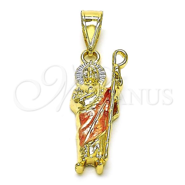 Oro Laminado Religious Pendant, Gold Filled Style San Judas Design, Polished, Tricolor, 05.411.0063