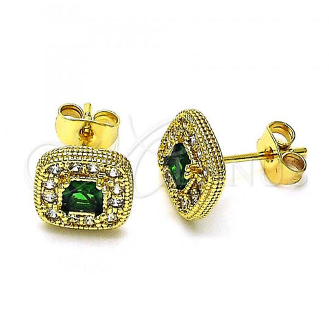 Oro Laminado Stud Earring, Gold Filled Style with Green Cubic Zirconia and White Micro Pave, Polished, Golden Finish, 02.344.0082.4