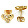 Oro Laminado Stud Earring, Gold Filled Style Heart Design, with White Micro Pave, Polished, Golden Finish, 02.213.0143