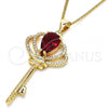 Oro Laminado Pendant Necklace, Gold Filled Style key Design, with Garnet Cubic Zirconia and White Micro Pave, Polished, Golden Finish, 04.156.0177.20