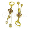 Oro Laminado Long Earring, Gold Filled Style key and Box Design, with Ruby Micro Pave and White Cubic Zirconia, Polished, Golden Finish, 02.316.0088.2