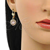 Oro Laminado Dangle Earring, Gold Filled Style Heart Design, with Rose and White Crystal, Polished, Golden Finish, 02.122.0114.2