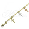 Oro Laminado Charm Bracelet, Gold Filled Style Crucifix and Heart Design, Polished, Tricolor, 03.351.0140.07