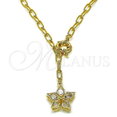 Oro Laminado Fancy Necklace, Gold Filled Style Flower and Rolo Design, with White Cubic Zirconia, Polished, Golden Finish, 04.63.1442.20