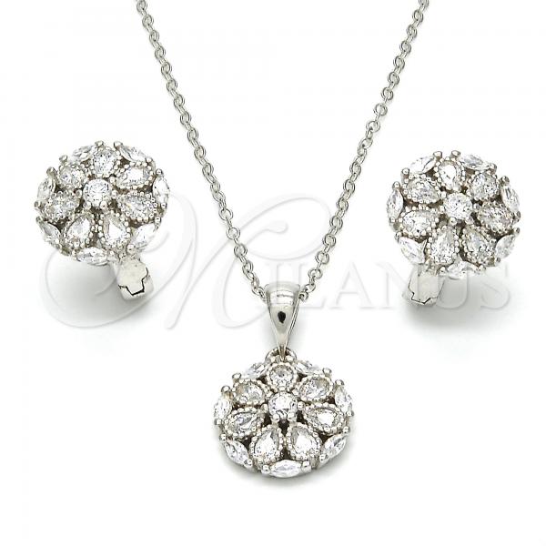 Sterling Silver Earring and Pendant Adult Set, Flower Design, with White Cubic Zirconia, Polished, Rhodium Finish, 10.175.0048