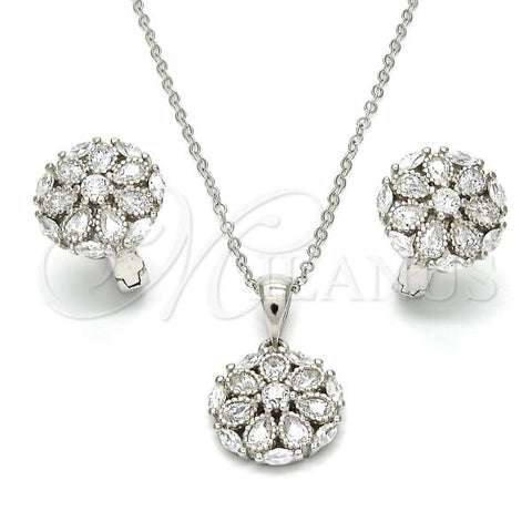 Sterling Silver Earring and Pendant Adult Set, Flower Design, with White Cubic Zirconia, Polished, Rhodium Finish, 10.175.0048