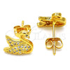 Oro Laminado Stud Earring, Gold Filled Style Swan Design, with White Micro Pave, Polished, Golden Finish, 02.342.0012