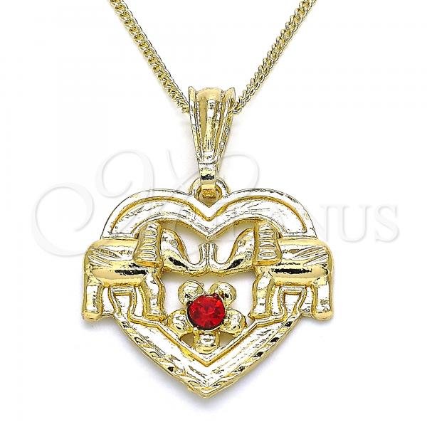 Oro Laminado Pendant Necklace, Gold Filled Style Heart and Elephant Design, with Garnet Crystal, Polished, Golden Finish, 04.351.0020.20