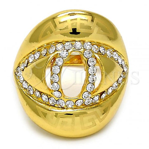 Oro Laminado Multi Stone Ring, Gold Filled Style Greek Key Design, with White Crystal, Polished, Golden Finish, 01.241.0001.10 (Size 10)