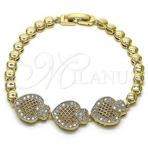 Oro Laminado Fancy Bracelet, Gold Filled Style Heart Design, with White Micro Pave, Polished, Golden Finish, 03.283.0165.07